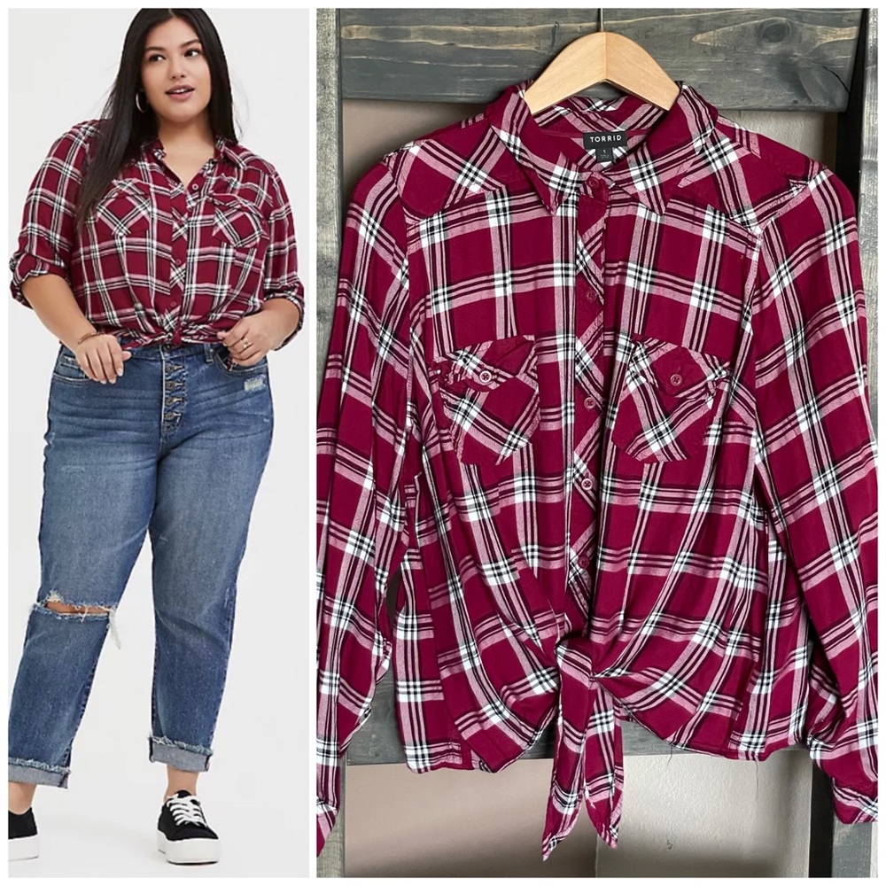 Torrid Plaid Twill Tie Front Slim Fit Midi Shirt